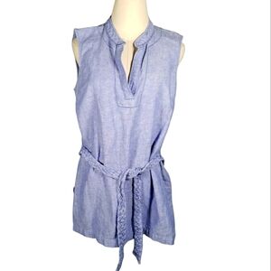 Dana Buckman Linen Blend Nautical Tunic Preppy Coastal Eyelett Braided Belt L